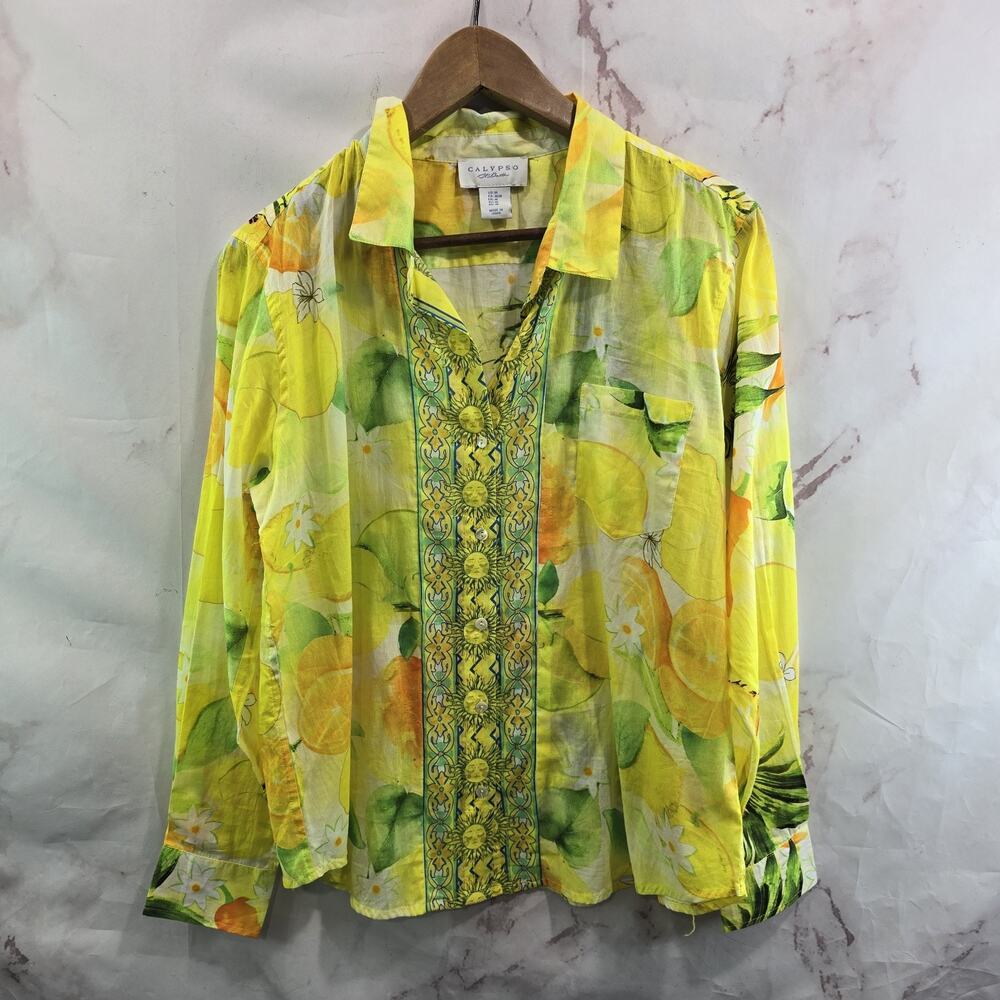 Calypso St Barth Shirt Womens Medium Yellow Neon Button Sun Citrus Pineapple